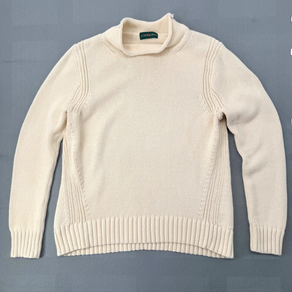 Vintage 90s J Crew Always Roll Neck Sweater L Cream Cotton Fisherman Chunky Prep